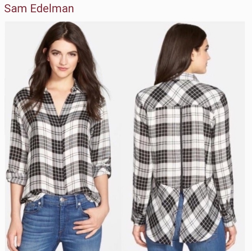 Sam Edelman Black Plaid Oversized Split Back Shirt